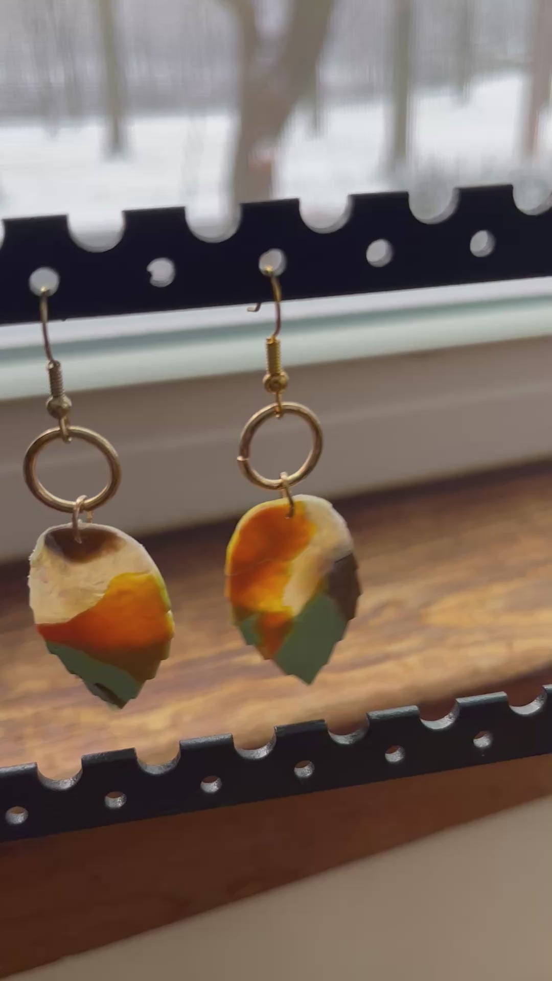 Yellow ochre mint leaf dangle earrings, handmade polymer clay — Hammer & Thread
