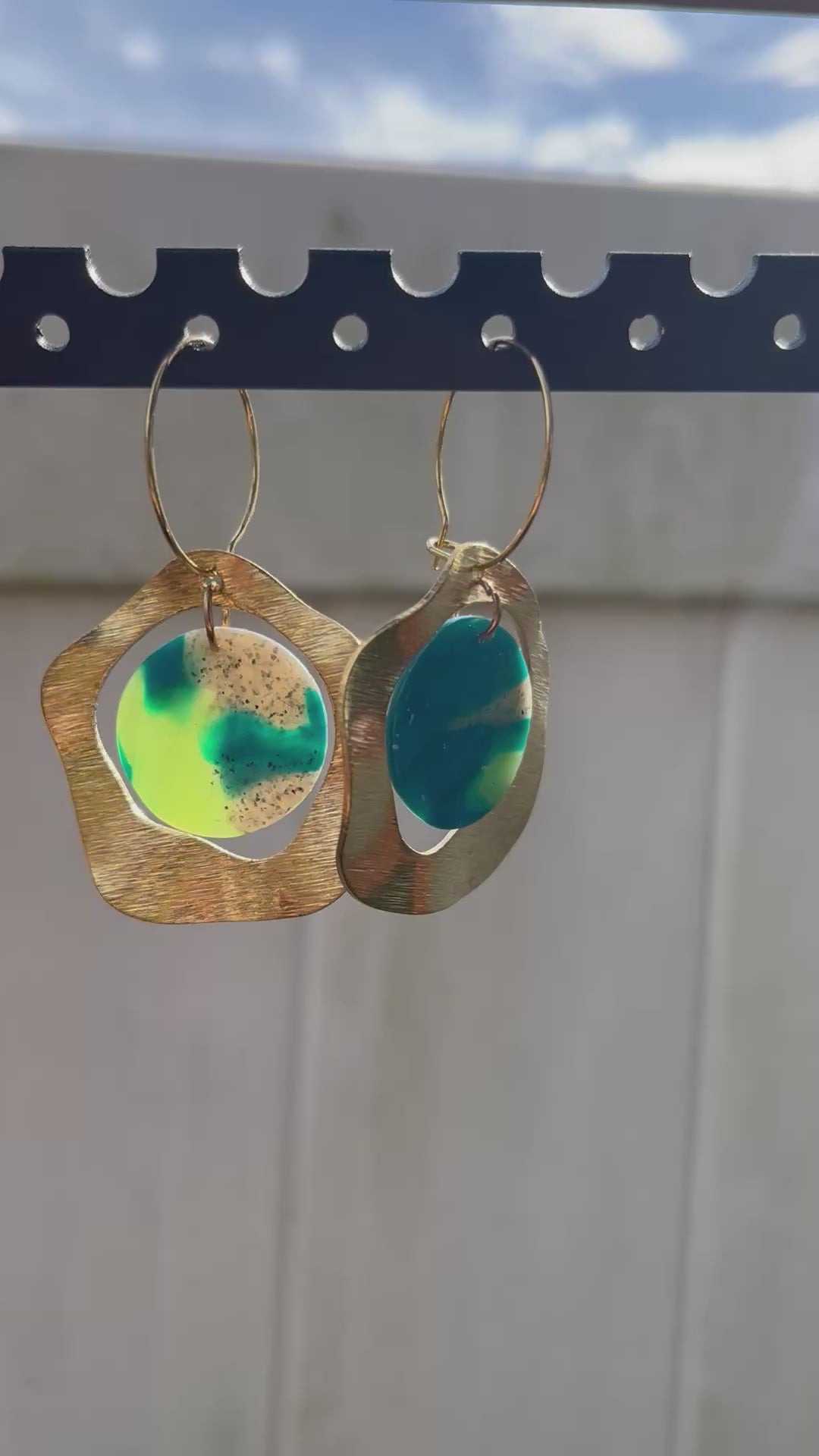 Blue and green marble wavy circle dangle earrings, handmade polymer clay — Hammer & Thread