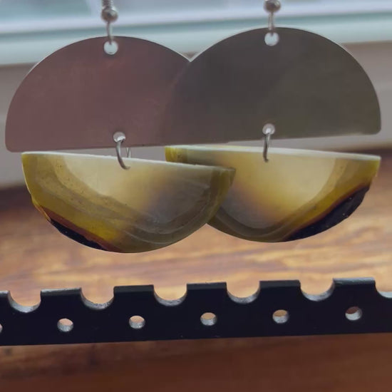 Earthy agate sterling silver semi circle dangle earrings, handmade polymer clay — Hammer & Thread