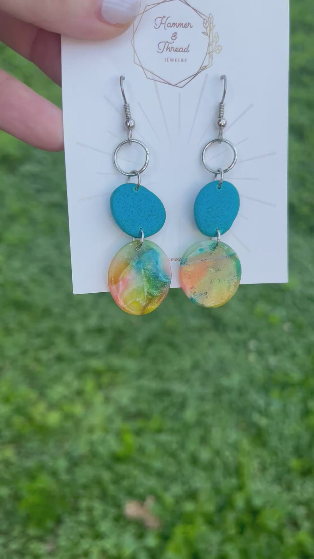 Teal & Watercolor Tiered Circle Dangle Earrings