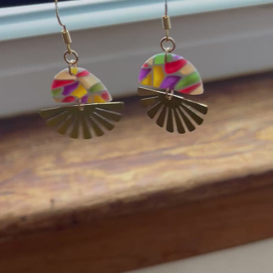 Stained glass mini sunburst dangle earrings, handmade polymer clay — Hammer & Thread
