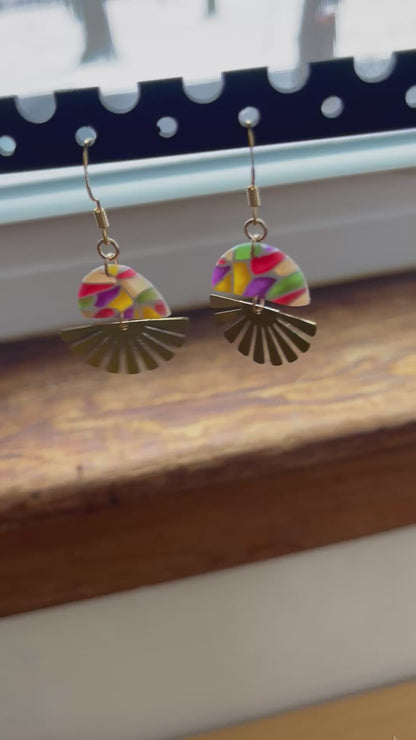 Stained glass mini sunburst dangle earrings, handmade polymer clay — Hammer & Thread