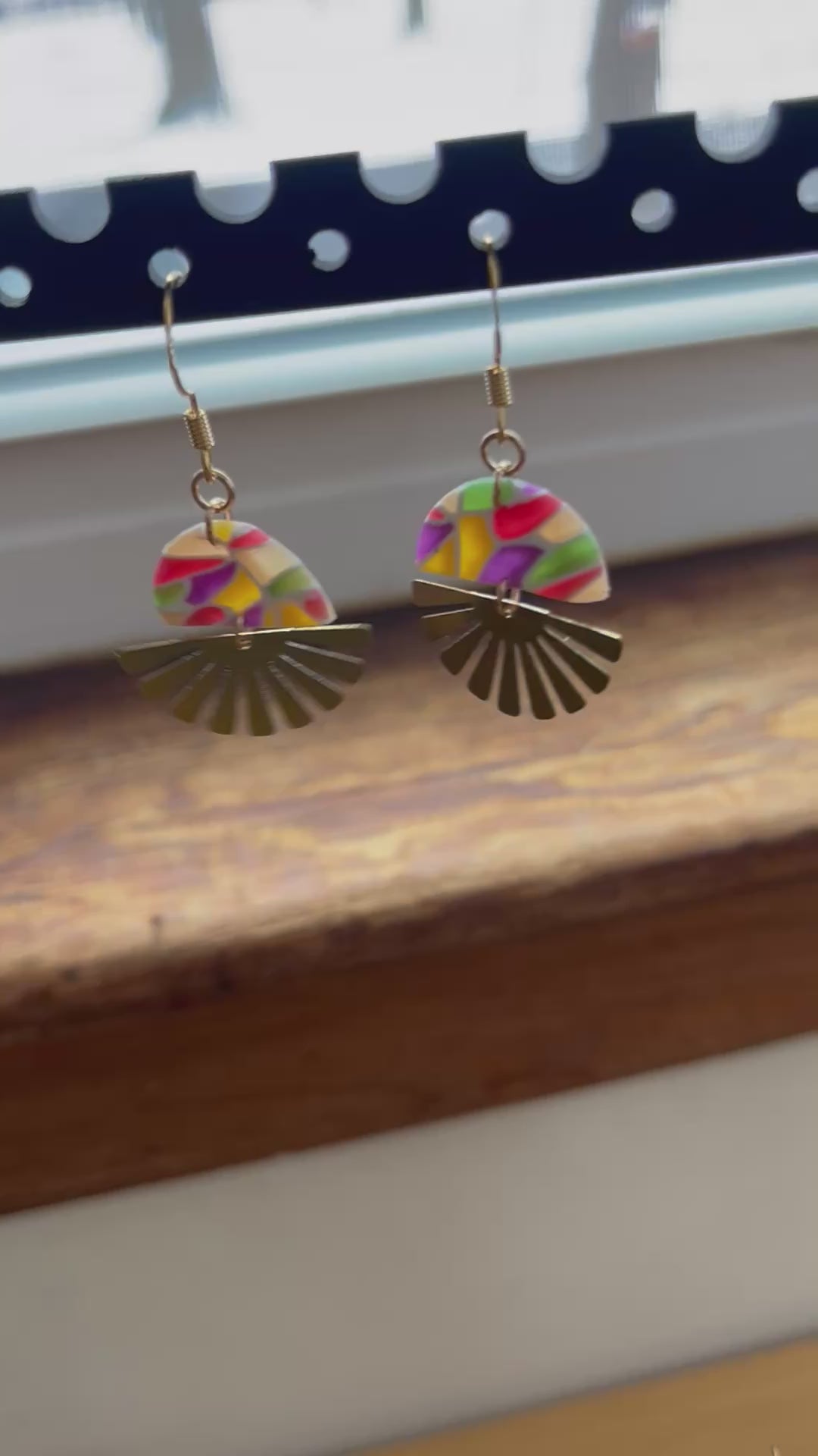 Stained glass mini sunburst dangle earrings, handmade polymer clay — Hammer & Thread
