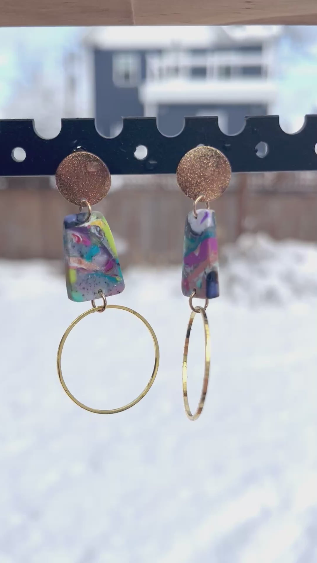 Technicolor modern geometric dangle earrings, handmade polymer clay — Hammer & Thread