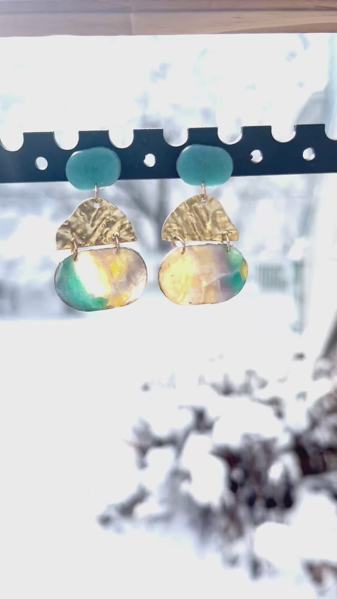 Tiered faux stone brass dangle earrings, handmade polymer clay — Hammer & Thread