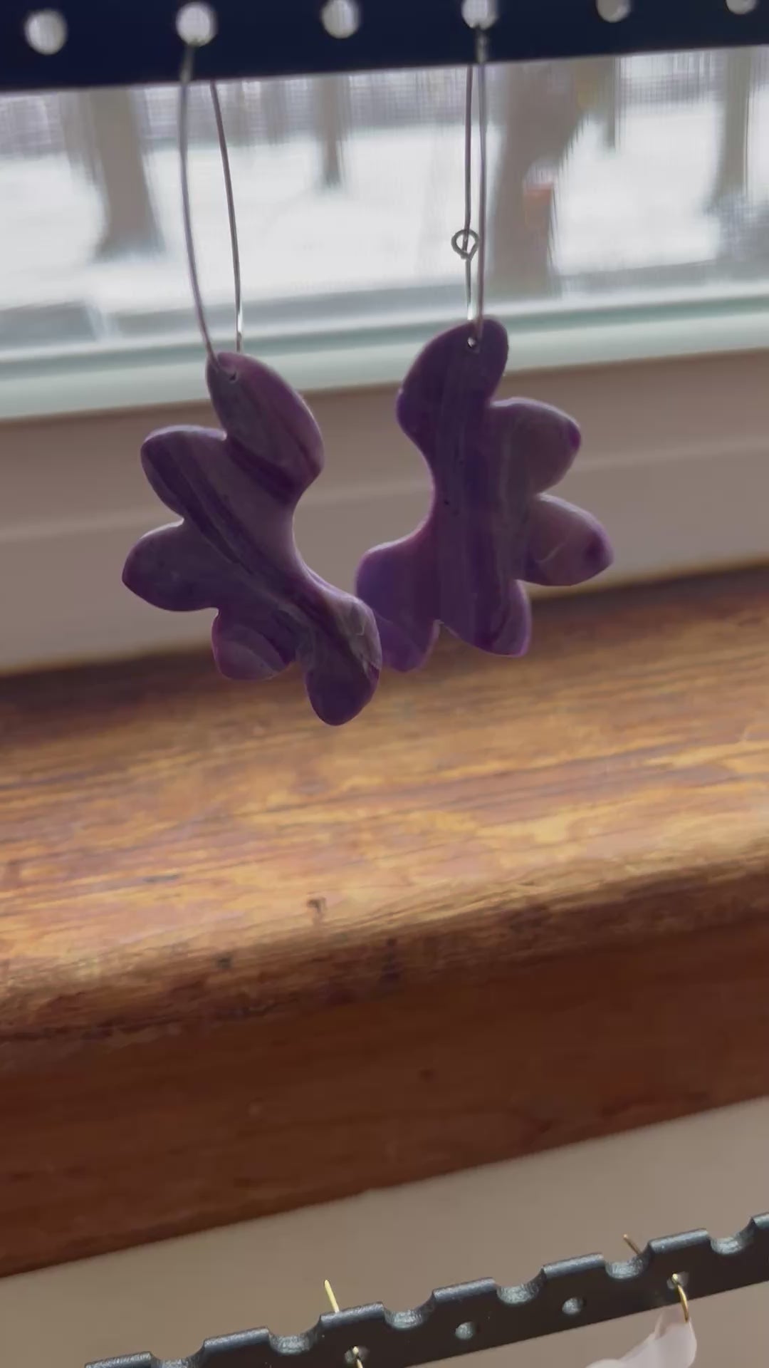 Purple marble winged dangle hoop earrings, handmade polymer clay — Hammer & Thread