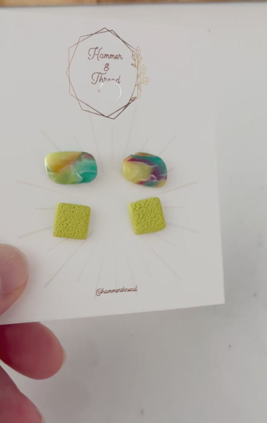 Rainbow Oval & Chartreuse Square Stud Earring Pack