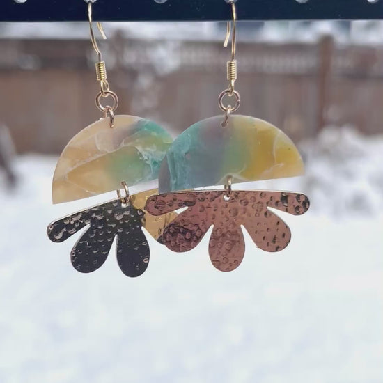 Semicircle faux stone and petal dangle earrings, handmade polymer clay — Hammer & Thread