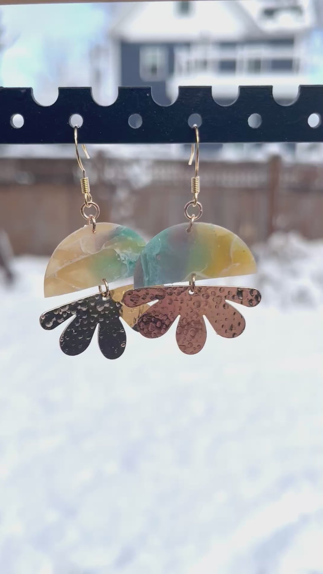 Semicircle faux stone and petal dangle earrings, handmade polymer clay — Hammer & Thread
