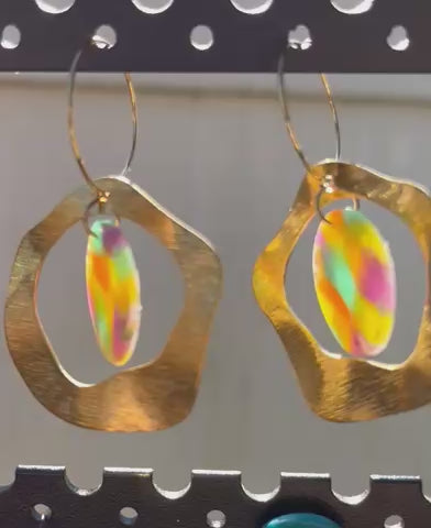 Sunlit mosaic dangle hoop earrings, handmade polymer clay — Hammer & Thread