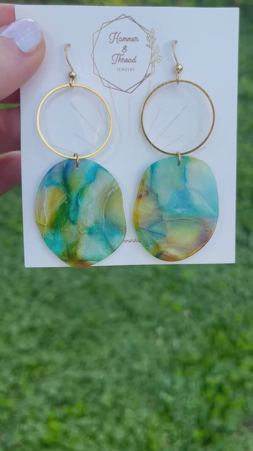 Watercolor Pebble and Brass Circle Dangle Earrings