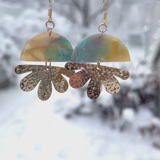 Semicircle faux stone and petal dangle earrings, handmade polymer clay — Hammer & Thread