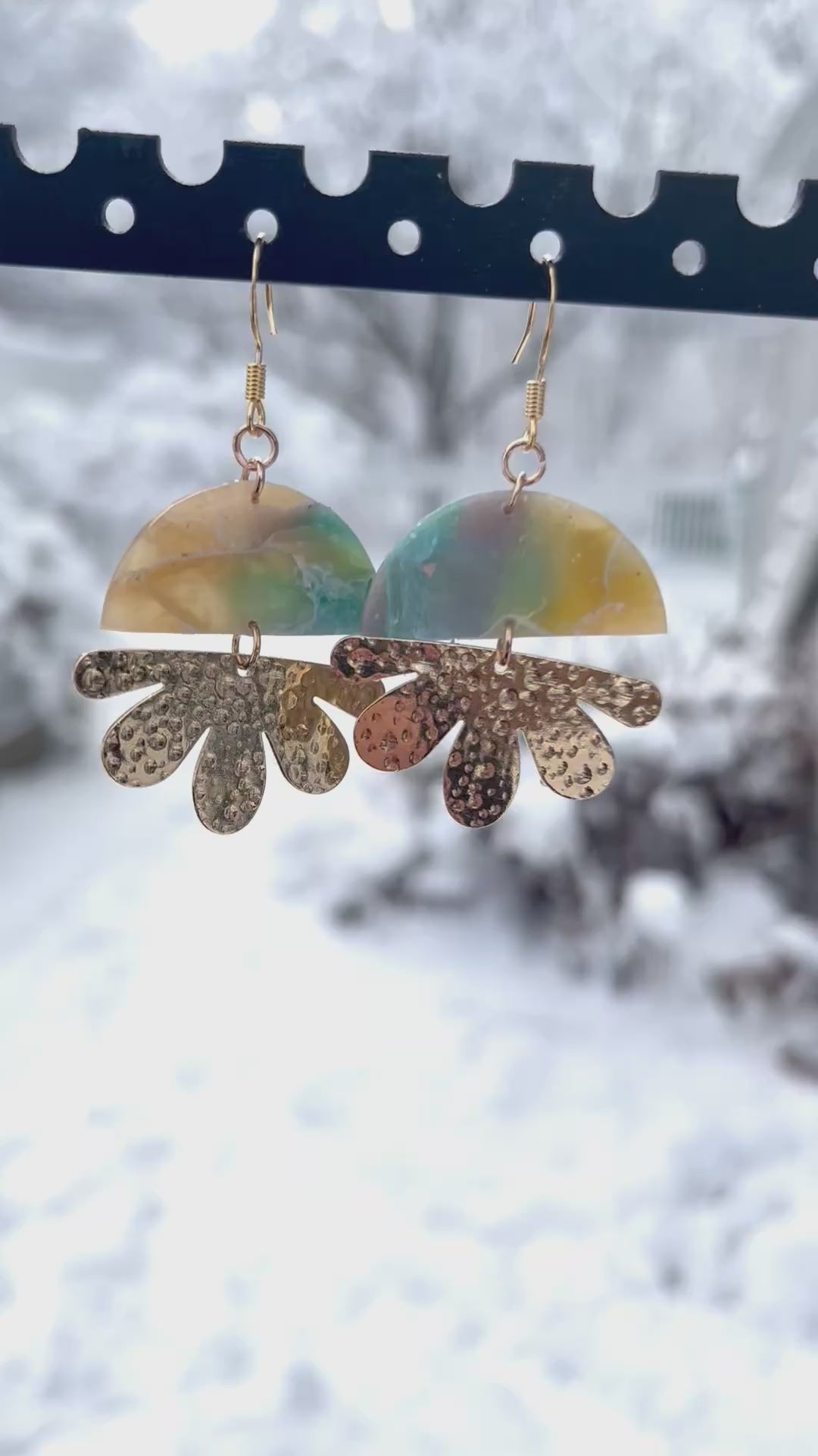Semicircle faux stone and petal dangle earrings, handmade polymer clay — Hammer & Thread