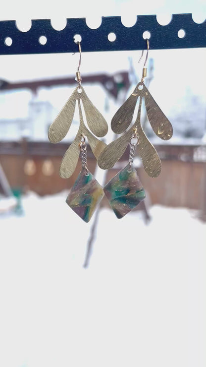 Faux Stone Diamond Leaf Chain Dangle Earrings