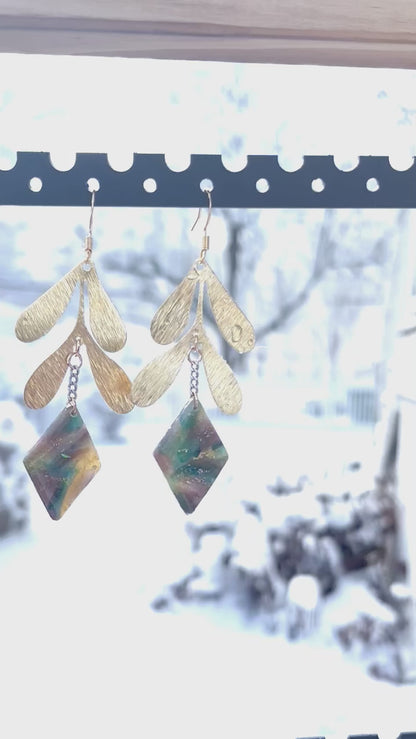 Faux Stone Diamond Leaf Chain Dangle Earrings