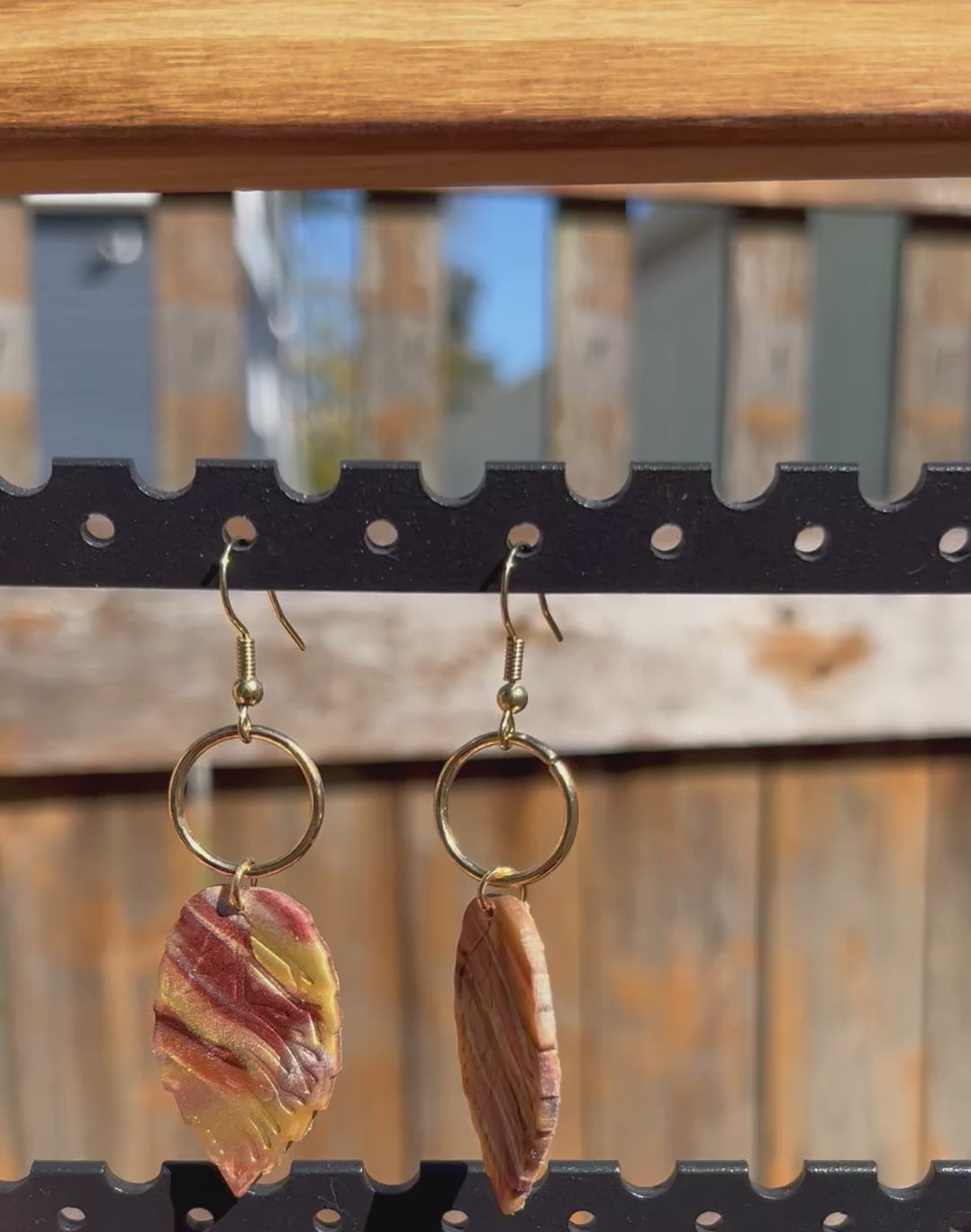 Metallic mocha leaf dangle earrings, handmade polymer clay — Hammer & Thread