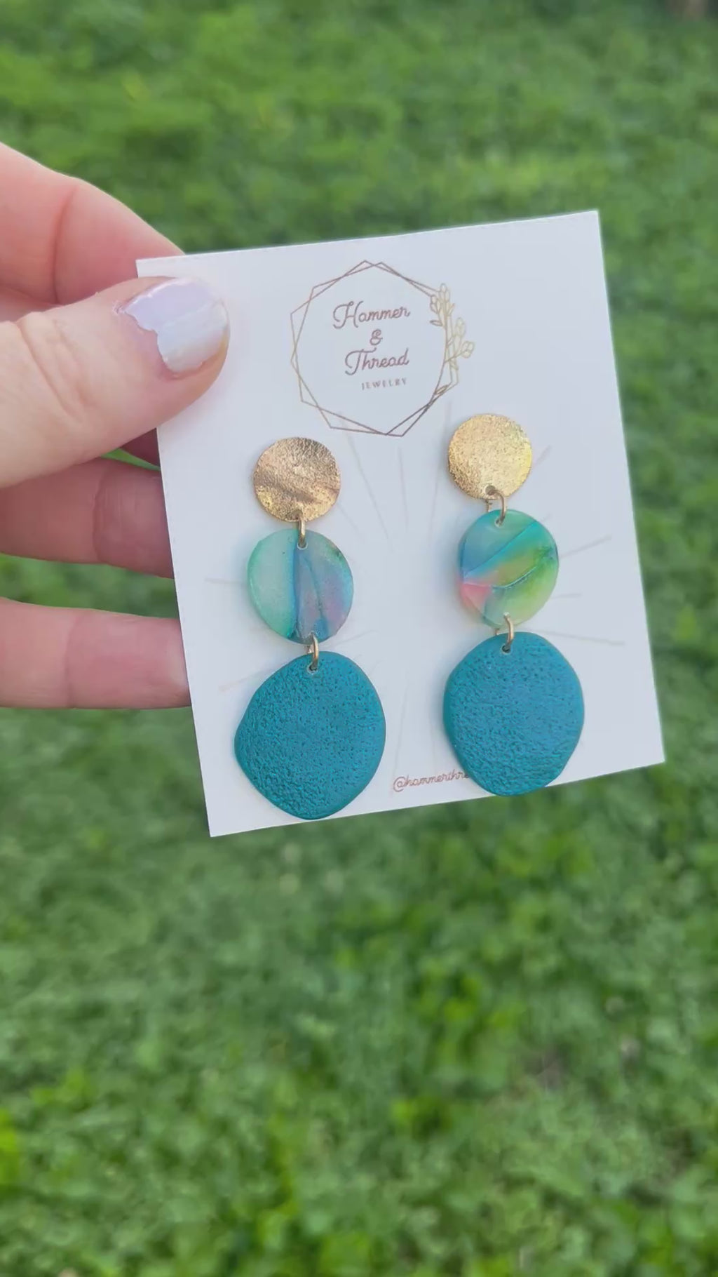 Teal, Gold & Watercolor Pebble Tiered Dangle Earrings