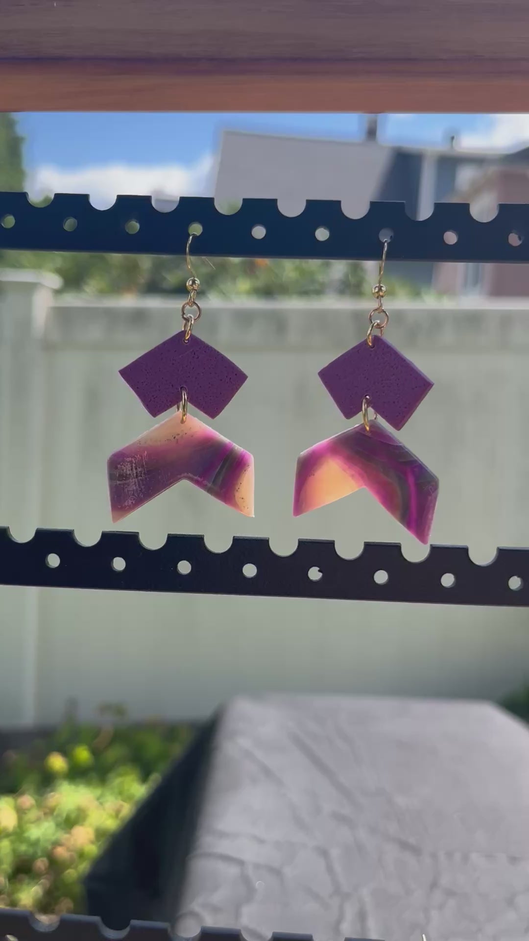 Faux Purple Agate Chevron Dangle Earrings