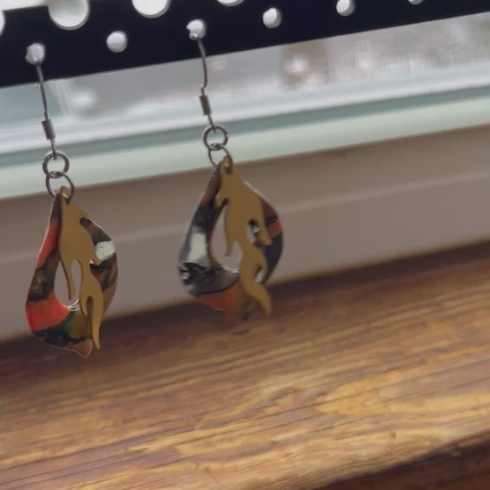Orange marble brass flame dangle earrings, handmade polymer clay — Hammer & Thread