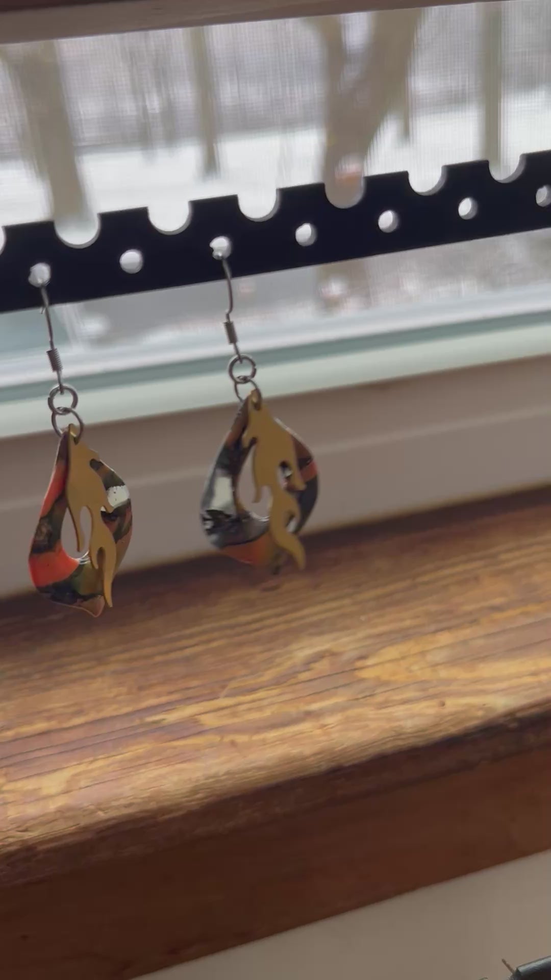 Orange marble brass flame dangle earrings, handmade polymer clay — Hammer & Thread