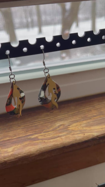 Orange marble brass flame dangle earrings, handmade polymer clay — Hammer & Thread