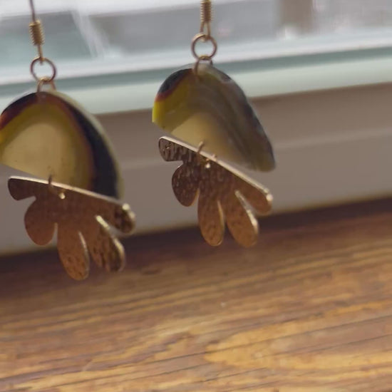 Earthy agate semi circle flower dangle earrings, handmade polymer clay — Hammer & Thread