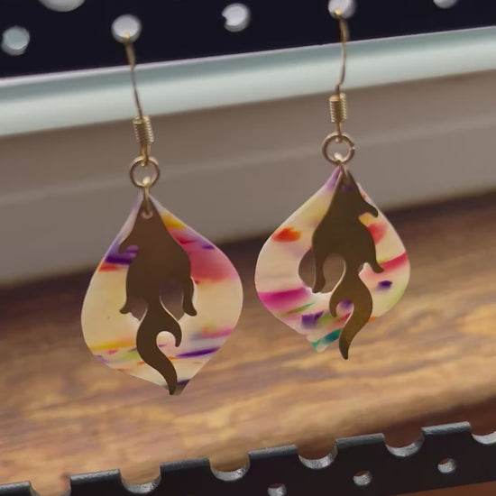 Rainbow flame dangle earrings, handmade polymer clay — Hammer & Thread