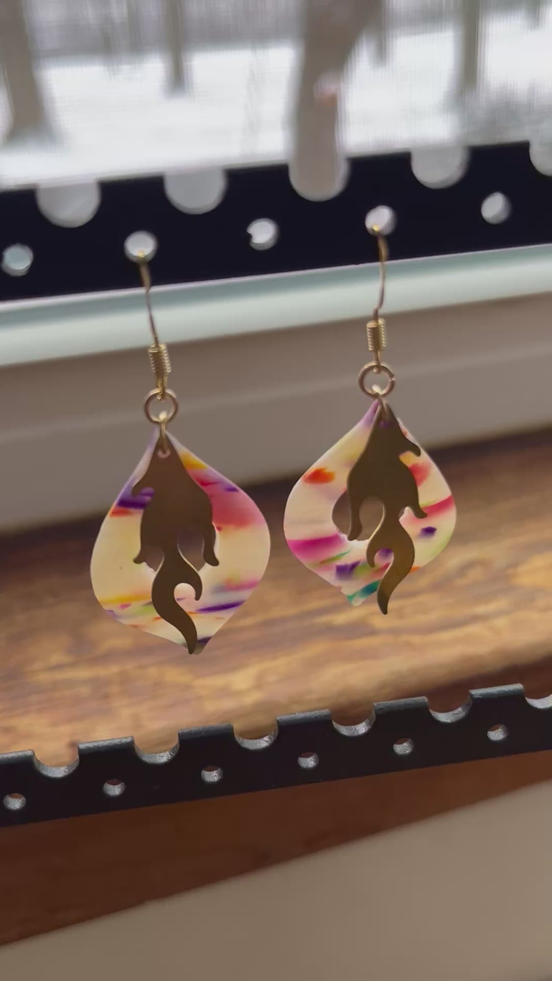 Rainbow flame dangle earrings, handmade polymer clay — Hammer & Thread