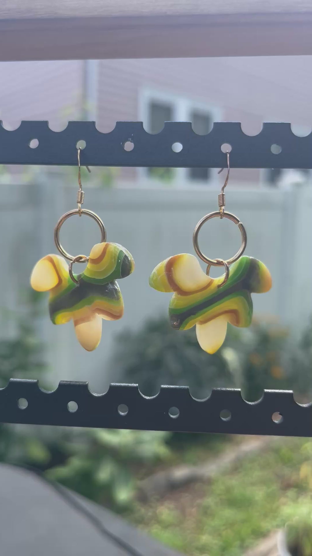 Green Faux Agate Wing and Brass Circle Dangle Earrings