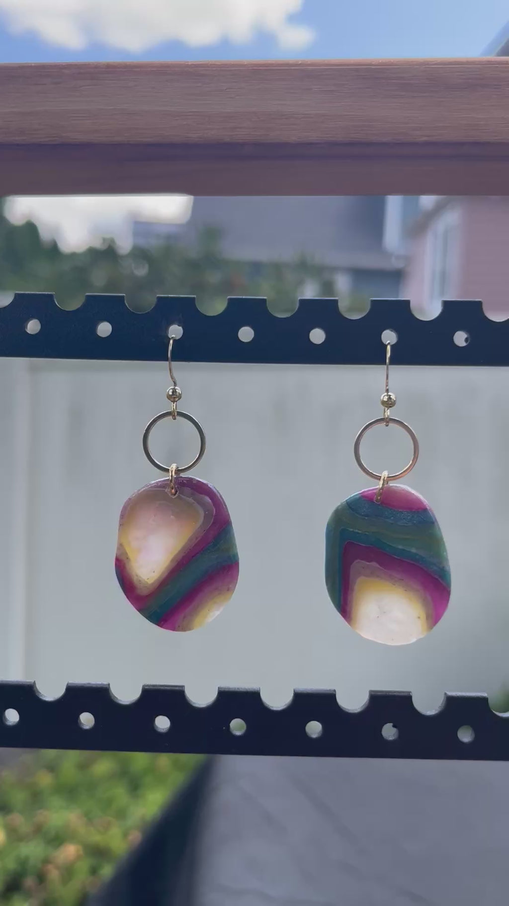 Magenta Faux Agate and Stainless Steel Circle Dangles