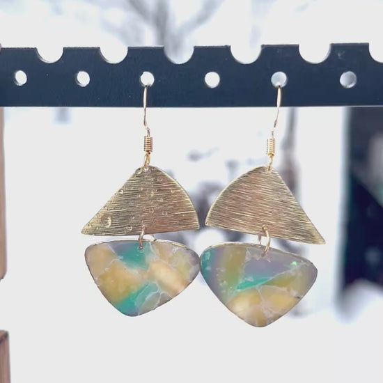 Faux Pebble Brass Triangle Dangle Earrings, Handmade polymer clay — Hammer & Thread