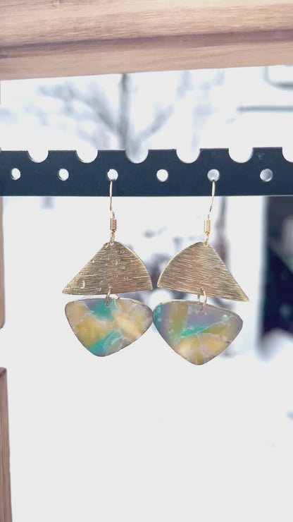 Faux Pebble Brass Triangle Dangle Earrings, Handmade polymer clay — Hammer & Thread