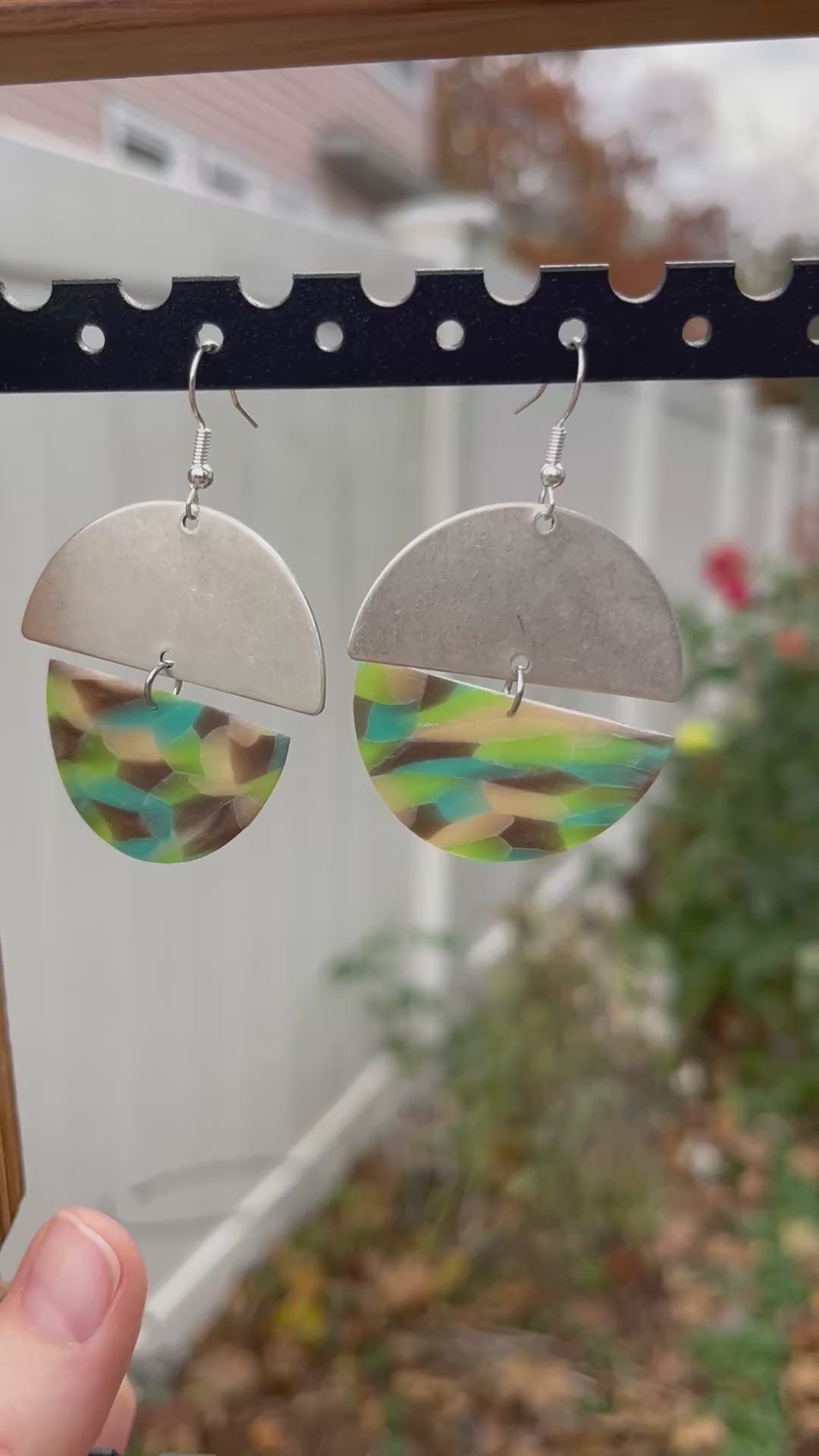 Aqua mosaic sterling silver semi circle dangle earrings, handmade polymer clay — Hammer & Thread