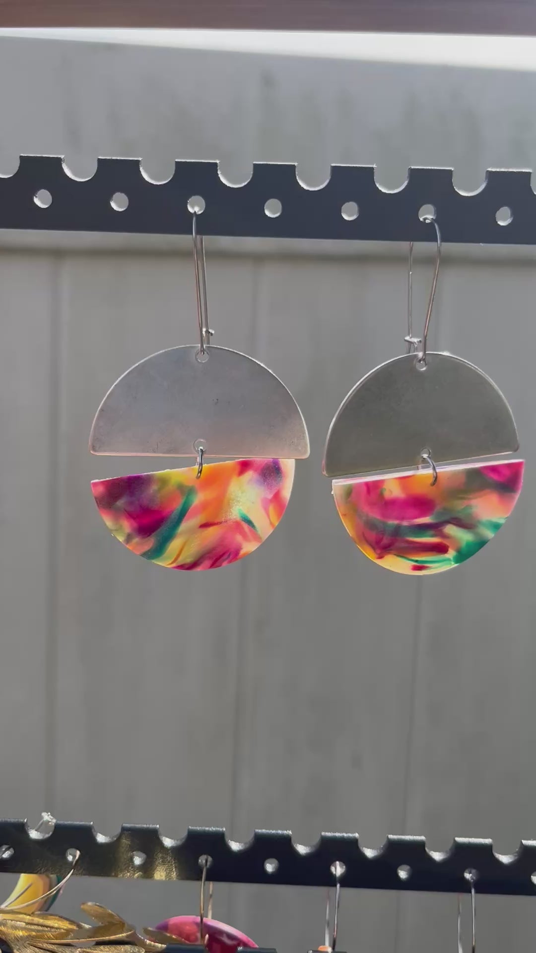 Rainbow semi circle sterling silver dangle earrings, handmade polymer clay — Hammer & Thread